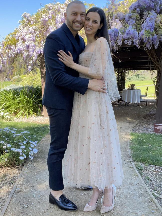 Paul and Anna wearing a Paolo Sebastian gown in Veale Gardens. Picture: Paul Vasileff