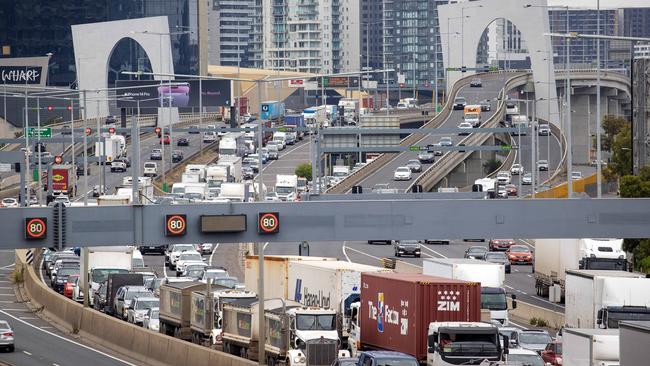 Motorists experiencing three hour delays on the West Gate Freeway on December 28, 2022, when four lanes closed. Picture: Mark Stewart