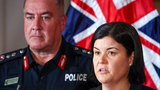 Then Chief Minister Natasha Fyles with the newly appointed Commissioner Michael Murphy in August 2023. (Photo by DAVID GRAY / AFP)