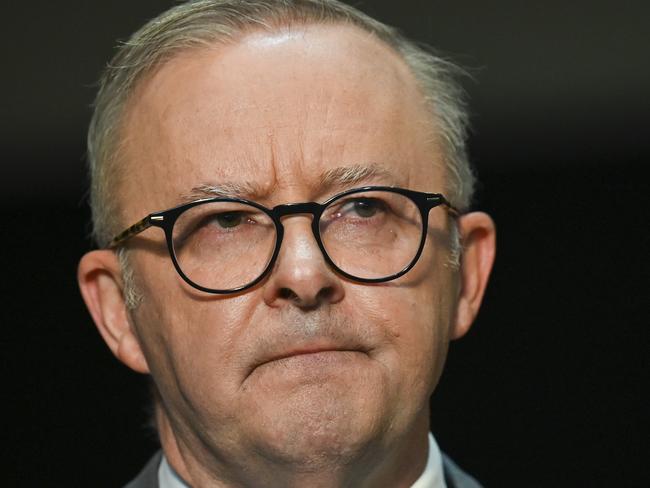 CANBERRA, AUSTRALIA - APRIL 5: Prime Minister of Australia Anthony Albanese, Senator Katy Gallagher and Minister for the Arts Tony Burke address the media during a visit to the National Gallery of Australia in Canberra. Picture: NCA NewsWire / Martin Ollman