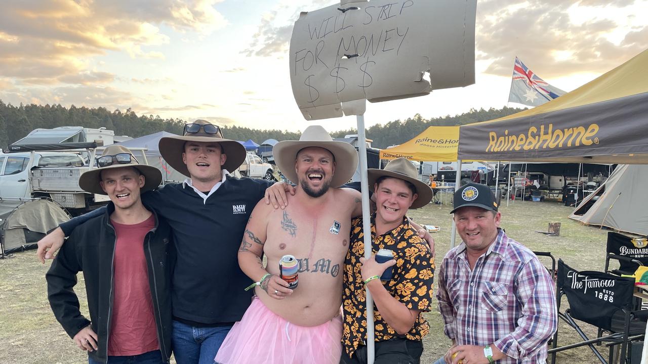 The Will Strip For Money Campsite made up of a group of larrikins and a friendly chap in a tutu. Sumo, Jesse, Jack and Hayden. Picture: Christine Schindler