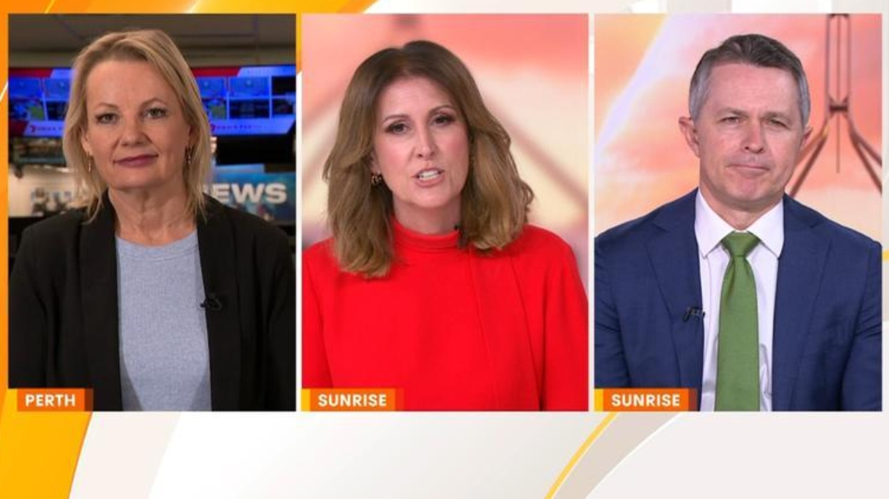 Deputy Opposition leader Sussan Ley and Education minister Jason Clare discuss the travel perks scandal with Sunrise’s Nat Barr. Picture: Seven