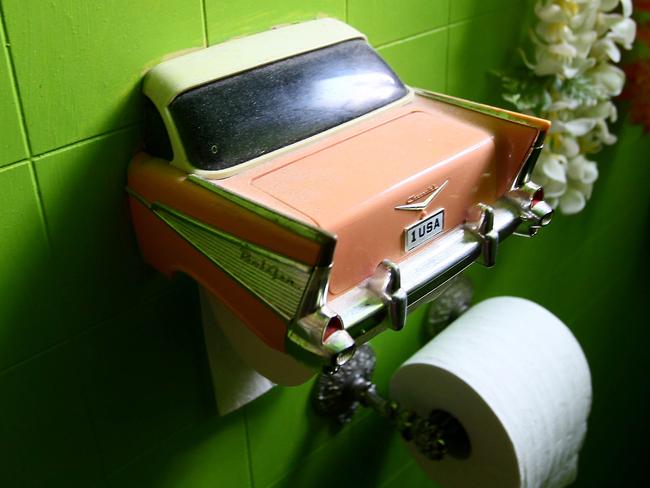 SAT MAG: Where the Heart is - Hat-maker Shaz Harrison-Williams: Retro car toilet paper holder in Shaz's bathroom