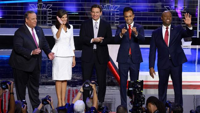 Chris Christie, Nikki Haley, Ron DeSantis, Vivek Ramaswamy and Tim Scott line up for the start of the debate in Miami on Wednesday night. Picture: AFP