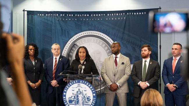 Fulton County District Attorney Fani Willis speaks at a news conference at the Fulton County Government building. Picture: Getty Images via AFP.,