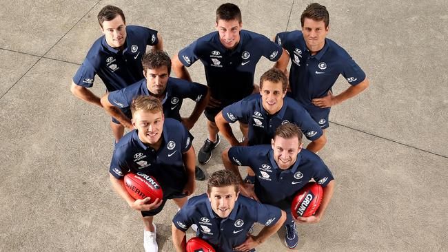 The Blues leadership group of Marc Murphy, Sam Docherty, Patrick Cripps, Kade Simpson, Ed Curnow, Matthew Kreuzer, Alex Silvagni and Lachie Plowman. Pic: Getty Images