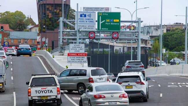 A photo of speed fine warning signs at the Rozelle Interchange.