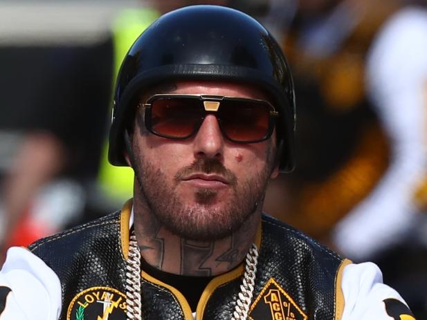 DO NOT CREDIT PHOTOGRAPHER The Comanchero national rally at the start in Hallam.  Club President Allan Meehan. ( gold chain around his neck) Picture: Craig Hughes