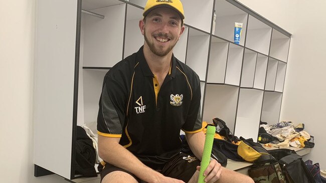 Glenelg batsman Ben Bullimore in the changerooms after scoring 104 against East Torrens on Saturday.