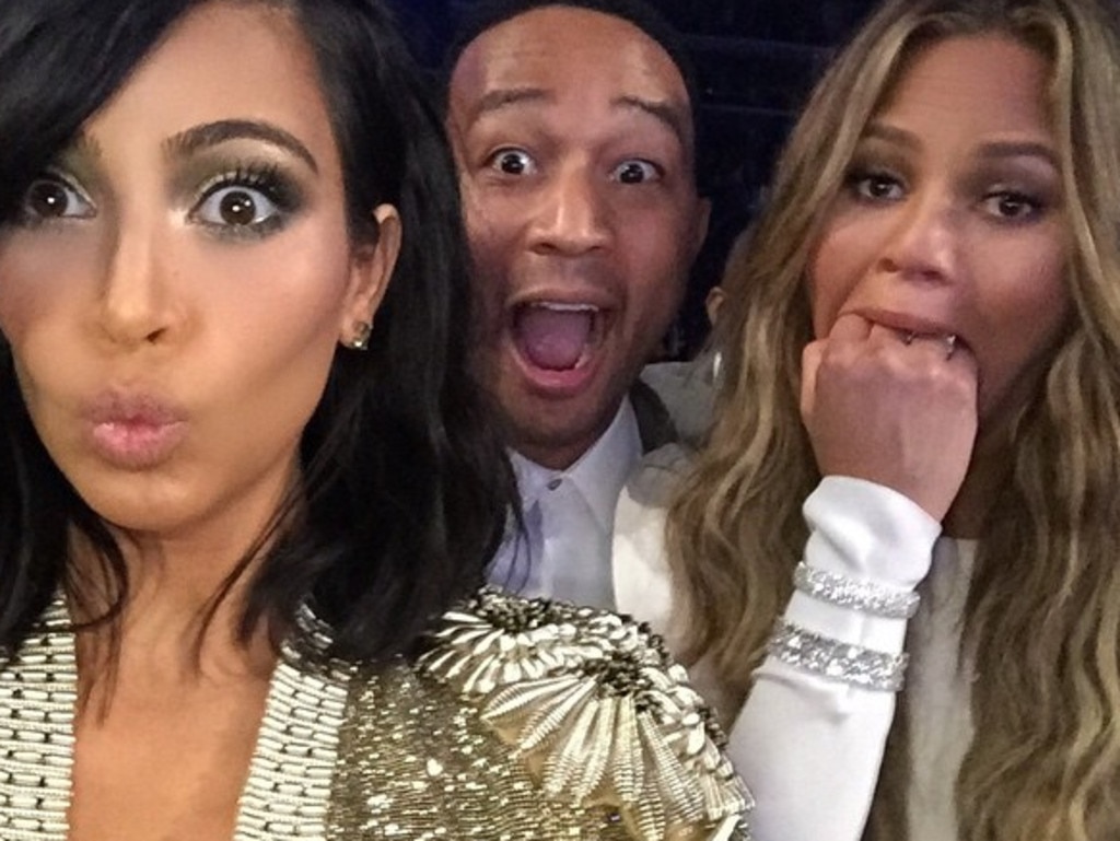 Kim Kardashian, John Legend and Chrissy Teigen make faces in the crowd: "This is the Beck won that award face?!?!?!" Picture: Kim Kardashian Instagram