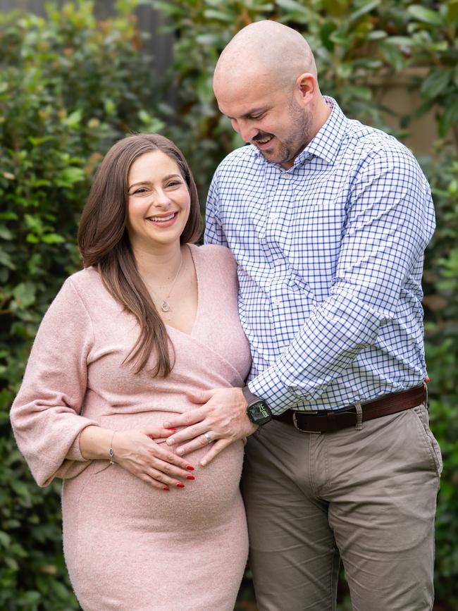 Radio presenter Stacey Lee & her husband Ben are preparing to welcome their first child next month. Picture: Tim Joy