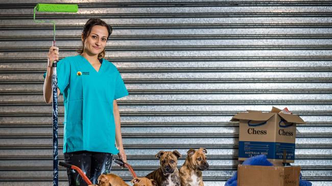 Founder Marisa Debattista with Husky cross Bull Arab puppies before they relocated to the Craigieburn facility, which is now in danger. Picture: Jake Nowakowski