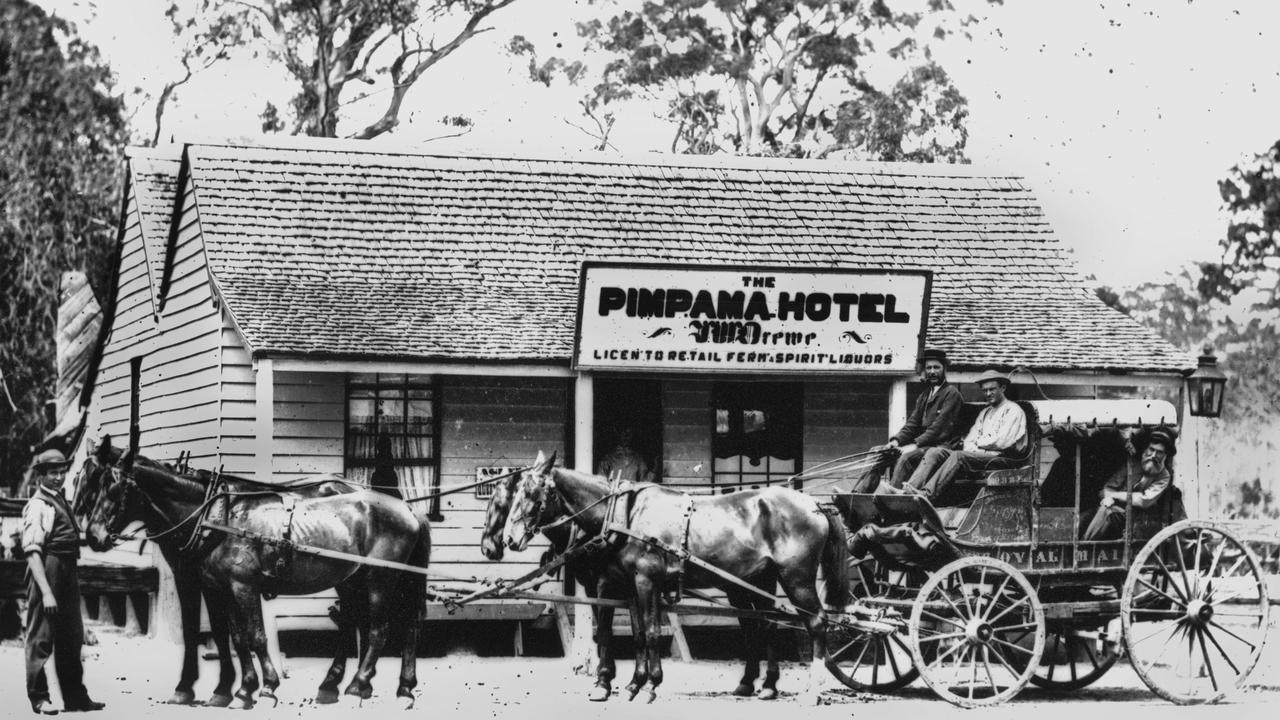 Rumours abound about Pimpama River being haunted by timber cutter Dick Edwards, who lived in a cottage on Pimpama River between Pimpama and Ormeau. Pictured is a Cobb and Co carriage outside the Pimpama Hotel. It’s thought the image was captured about 1875. Picture: John Oxley Library/State Library of Queensland
