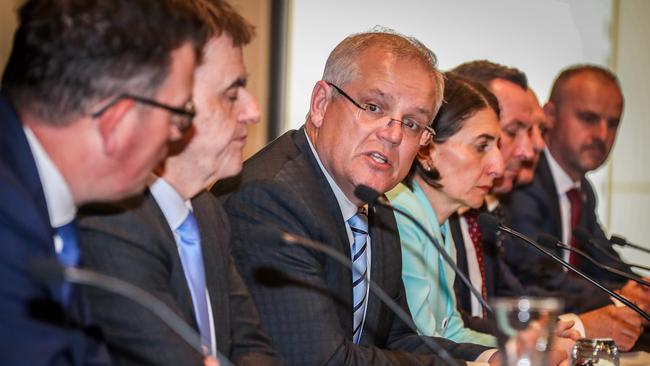 Scott Morrison at the last COAG meeting on March 13, 2020. Picture: AFP