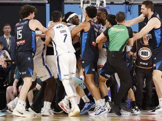 MELBOURNE, AUSTRALIA - NOVEMBER 17: Montrezl Harrell of the Adelaide 36ers fights with Melbourne United players during the round nine NBL match between Melbourne United and Adelaide 36ers at John Cain Arena, on November 17, 2024, in Melbourne, Australia. (Photo by Darrian Traynor/Getty Images)