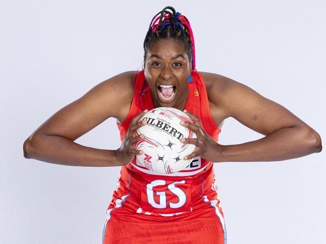 GOLD COAST, AUSTRALIA - FEBRUARY 22: Romelda AIken-George poses during the Swifts Super Netball 2023 headshots session at the Gold Coast Leisure Centre on February 22, 2023 in Gold Coast, Australia. (Photo by Mark Metcalfe/Getty Images for Netball Australia