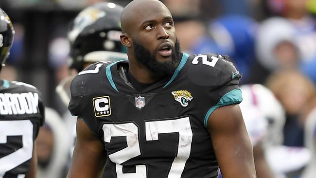 Jacksonville Jaguars running back Leonard Fournette (27) looks on after being ejected after an altercation with Buffalo Bills defensive end Shaq Lawson during the second half of an NFL football game, Sunday, Nov. 25, 2018, in Orchard Park, N.Y. (AP Photo/Adrian Kraus)