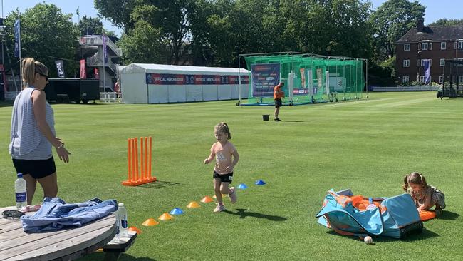 Candice Warner plays with daughters Ivy Mae and Indy Rae at the Australian cricket team training at Lord’s.