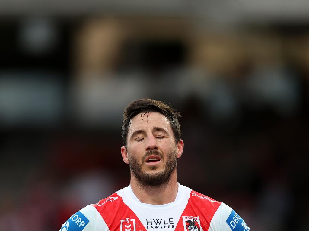 SYDNEY, AUSTRALIA – SEPTEMBER 07: Ben Hunt of the Dragons reacts during the round 27 NRL match between St George Illawarra Dragons and Canberra Raiders at Netstrata Jubilee Stadium, on September 07, 2024, in Sydney, Australia. (Photo by Mark Metcalfe/Getty Images)