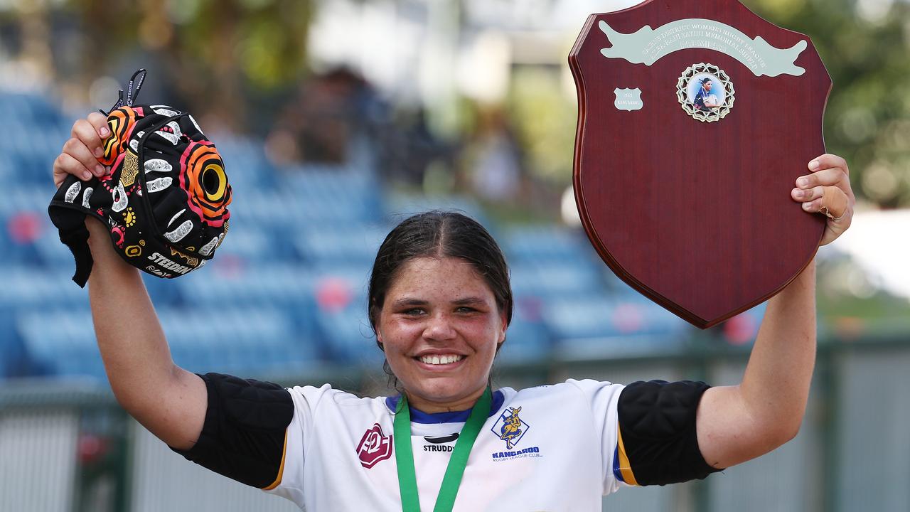 Kangaroos' Aerielle Hobbler scored 26 points in her team's victory in the 2021 Cairns District Rugby League Women's (CDRLW) grand final match between the Cairns Kangaroos and the Ivanhoe Maidens at Barlow Park. Picture: Brendan Radke