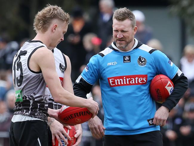 Nathan Buckley with Jaidyn Stephenson ahead of last year’s grand final. Pic: Michael Klein