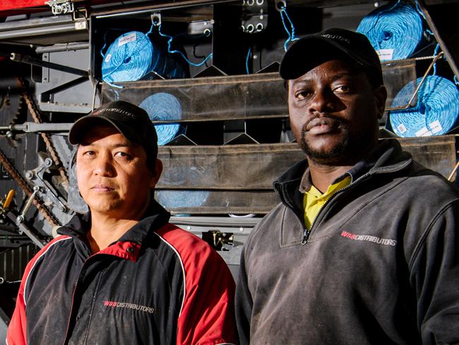 Machinery company WSB Destributors manager Debra Wehrmann with Diesel Technicians Darius Aviles and Tatenda Katonda in Clare, Monday, May 3, 2021. (The Advertiser/ Morgan Sette)