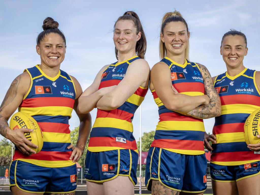 Stevie-Lee Thompson, Sarah Allan, Anne Hatchard and Ebony Marinoff will become the first AFLW players to play in 15 finals at Norwood Oval. Picture Emma Brasier