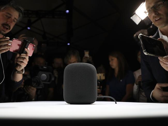 The unveiling of Apple's new HomePod caused a flurry of excitement from tech reporters from all over the world at the San Jose Convention Center. Picture: Justin Sullivan/Getty Images/AFP