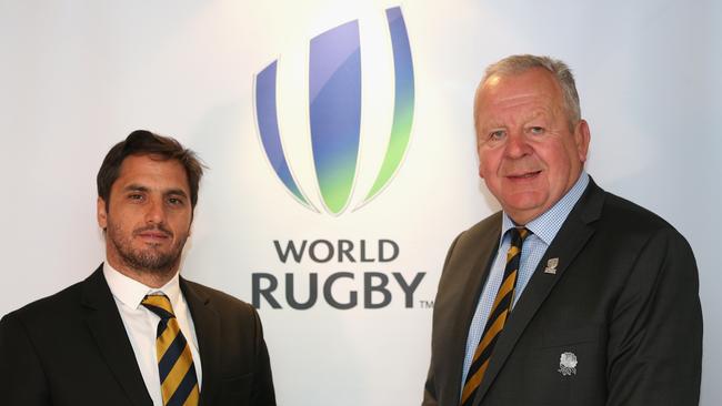 Agustin Pichot and Bill Beaumont pose for a photograph during a media conference.