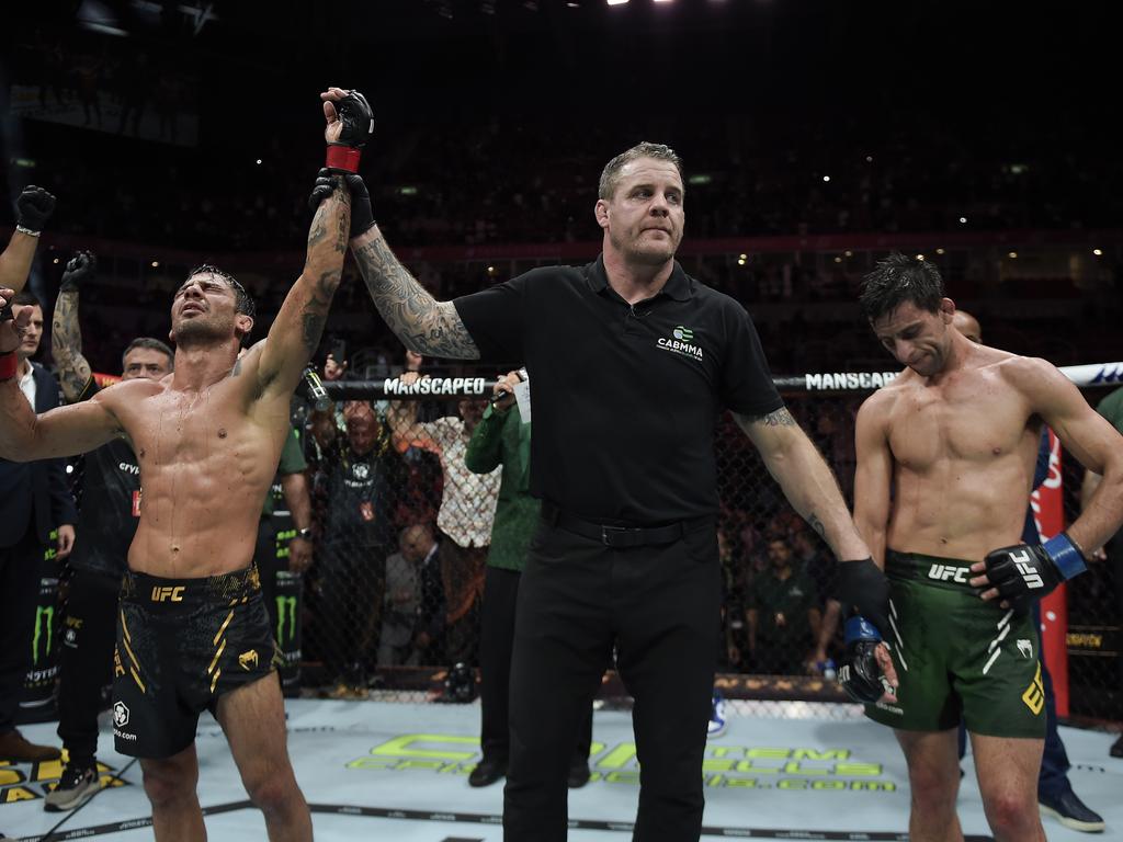 Steve Erceg reacts to his defeat to Pantoja. Picture: Getty Images