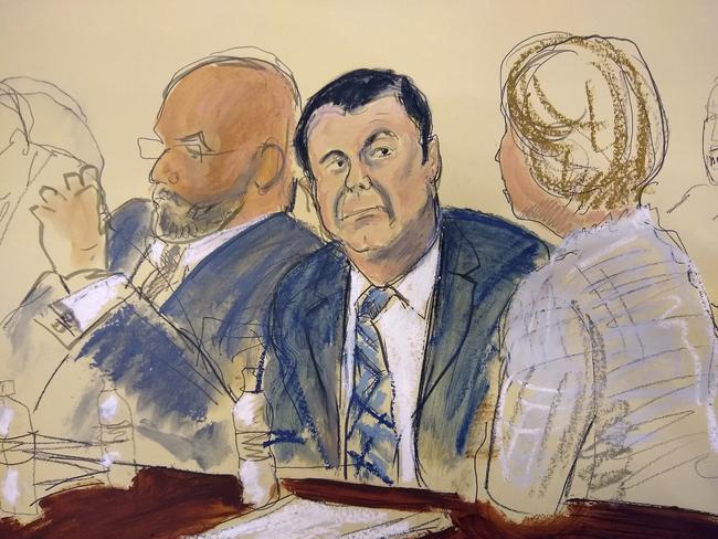 In this courtroom sketch, El Chapo sits next to his defence attorney Eduardo Balazero. Picture: Elizabeth Williams via AP