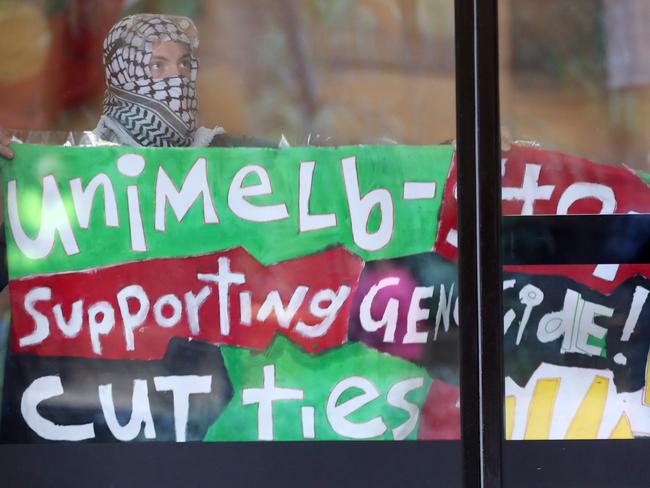 Pro Palestine protesters occupy an Arts building at Melbourne University. Picture: David Crosling