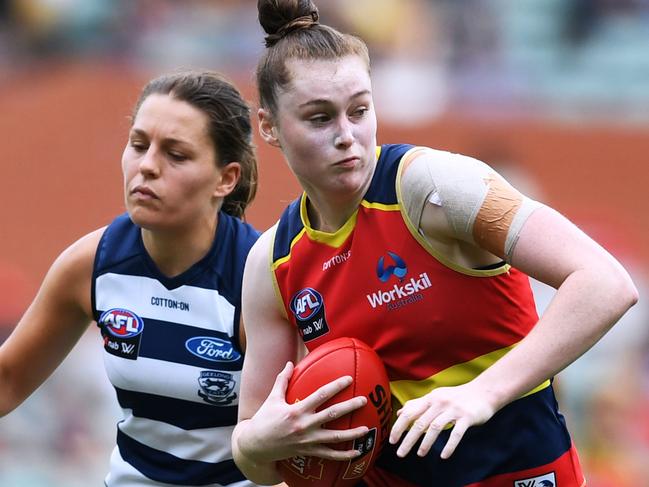 Crows full back Sarah Allan has been elevated to the side’s five-player leadership group. Picture: MARK BRAKE/GETTY IMAGES