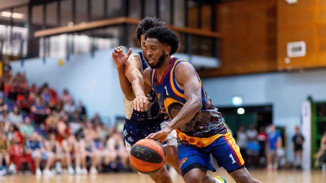 Jerron Jamerson is under pressure. Darwin Basketball Men's Championship Round 20: Ansett v Tracy Village Jets. Picture: Che Chorley