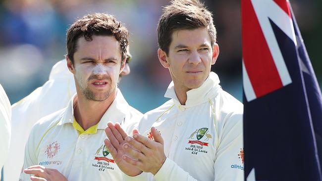 Australia's vice captain Travis Head and captain Tim Paine during the second Test match between Australia and Sri Lanka at Manuka Oval, Canberra. Picture: Phil Hillyard