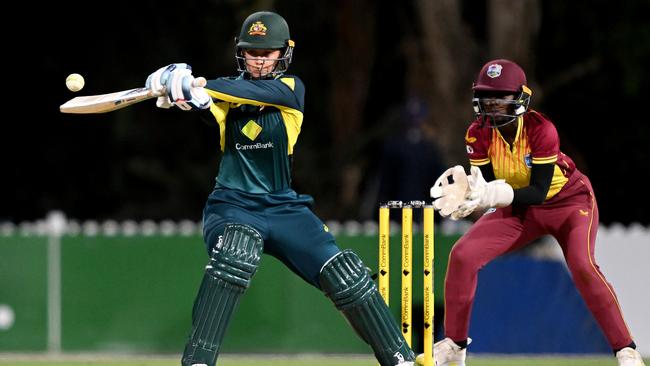 Phoebe Litchfield in control against West Indies at Allan Border Field. Picture: Getty Images.