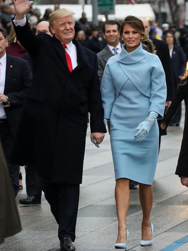 JANUARY 20: Melania Trump chose a baby blue Ralph Lauren number to take part in Washington’s Inaugural Parade on the day husband Donald was sworn in as the 45th president of the United States. Picture: Getty