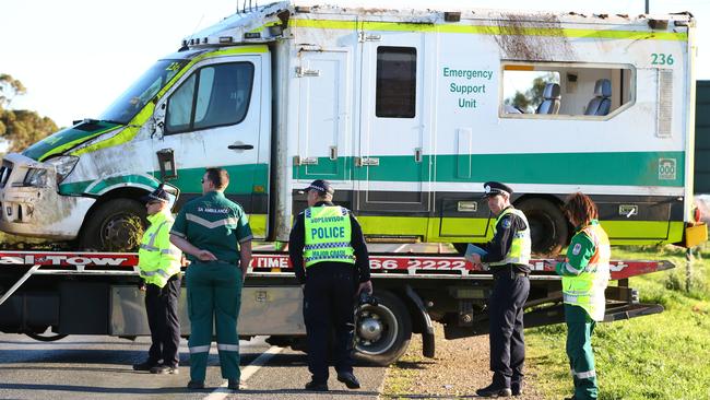 A woman has died after one of the state’s two bariatric ambulances rolled on Port Wakefield Rd, Virginia. The woman’s daughter and two ambulance officers were taken to hospital. Picture: Tait Schmaal