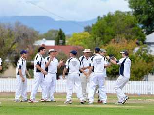 Maryvale Condamine celebrate the wicket of Colts player Maugan Benn at Slade Park in a grand final victory. Picture: Gerard Walsh