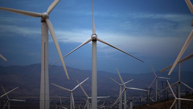 Electric energy generating wind turbines are seen on a wind farm near Palm Springs, California.