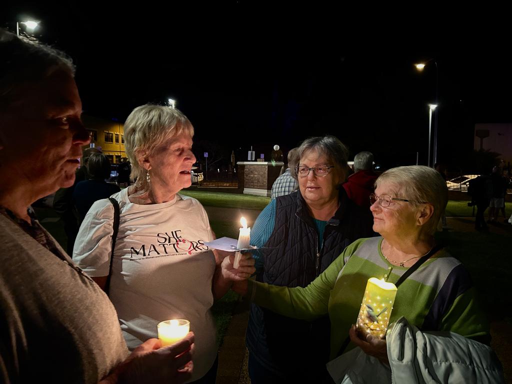 Frances Crawford's sister Lane Pilon, Frances Crawford's mum Joke Pilon, and two close friends Kathi Mitchell and Andrie Van Bruchem at Toowoomba DFV vigil.