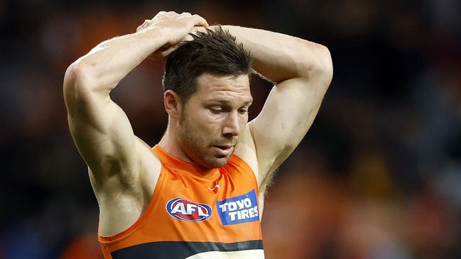 Dejected Toby Greene during the AFL Semi Final match between the GWS Giants and Brisbane Lions at Engie Stadium on September 14, 2024. Photo by Phil Hillyard (Image Supplied for Editorial Use only – **NO ON SALES** – Â©Phil Hillyard )