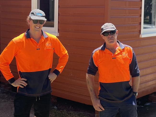 Holiday park staff Jack Moye and Al Platts. Renovation of the historic Sawtell Hall nearing completion on November 24, 2022. Picture: Chris Knight