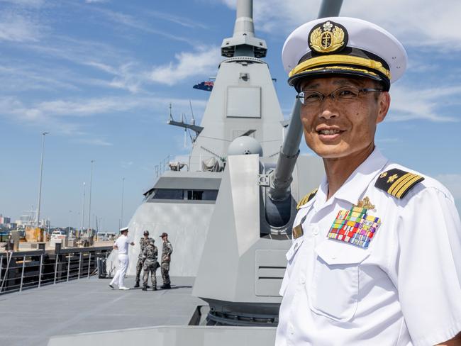 Commanding Officer of the JS Yahagi, Commander Tamura Masayoshi, speaks to media at Kuru Wharf, Darwin. Picture: Pema Tamang Pakhrin