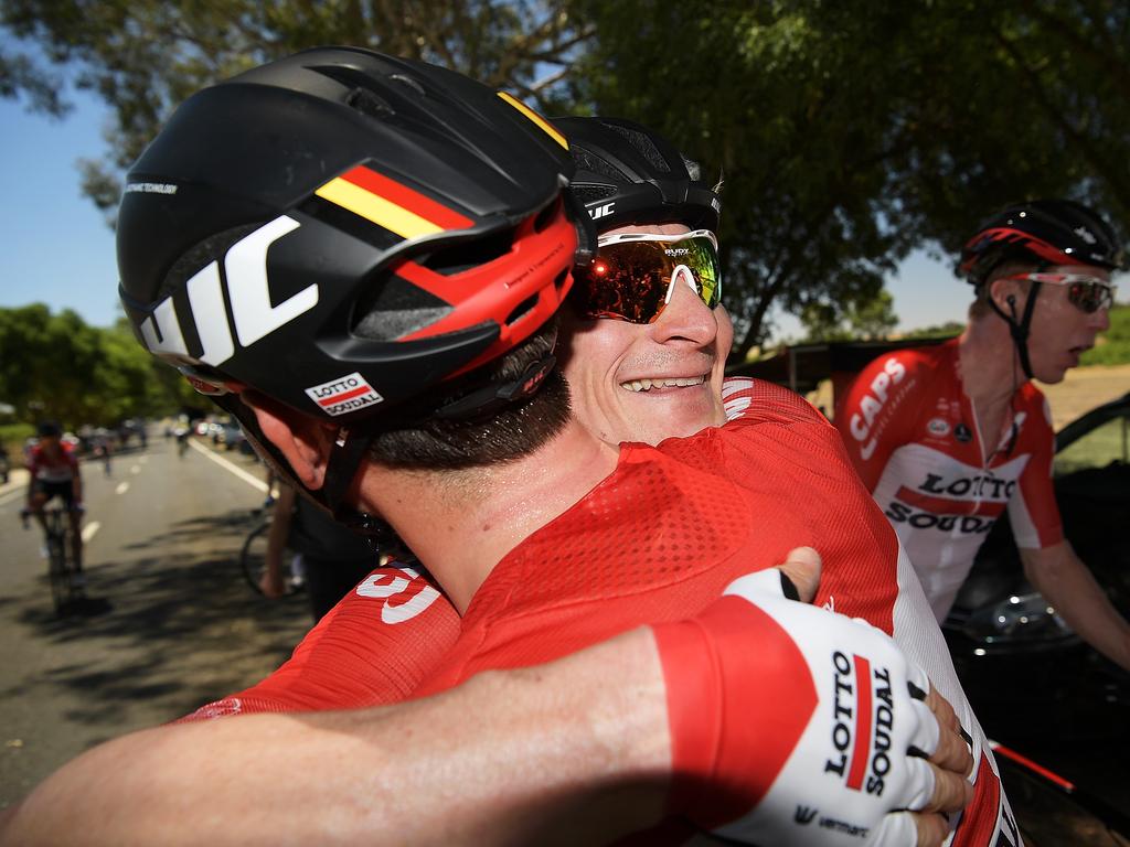 Andre Greipel celebrates with his team mate. Picture: Daniel Kalisz/Getty Images