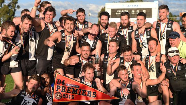 Kilburn players celebrate after winning the 2015 division four premiership. Picture: Roger Wyman