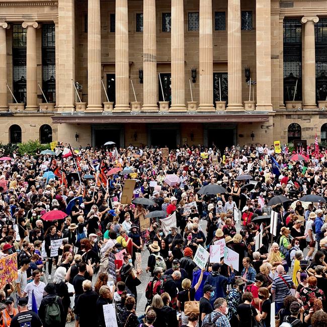 Large crowds gather for the Women's March 4 Justice at King George Square in Brisbane. Picture: NCA NewsWire / Sarah Marshall