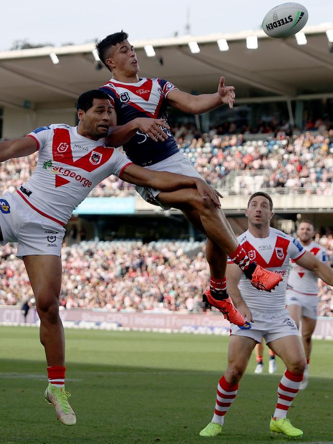 Joseph Suaalii leaps for a high ball. Picture: Scott Gardiner/Getty