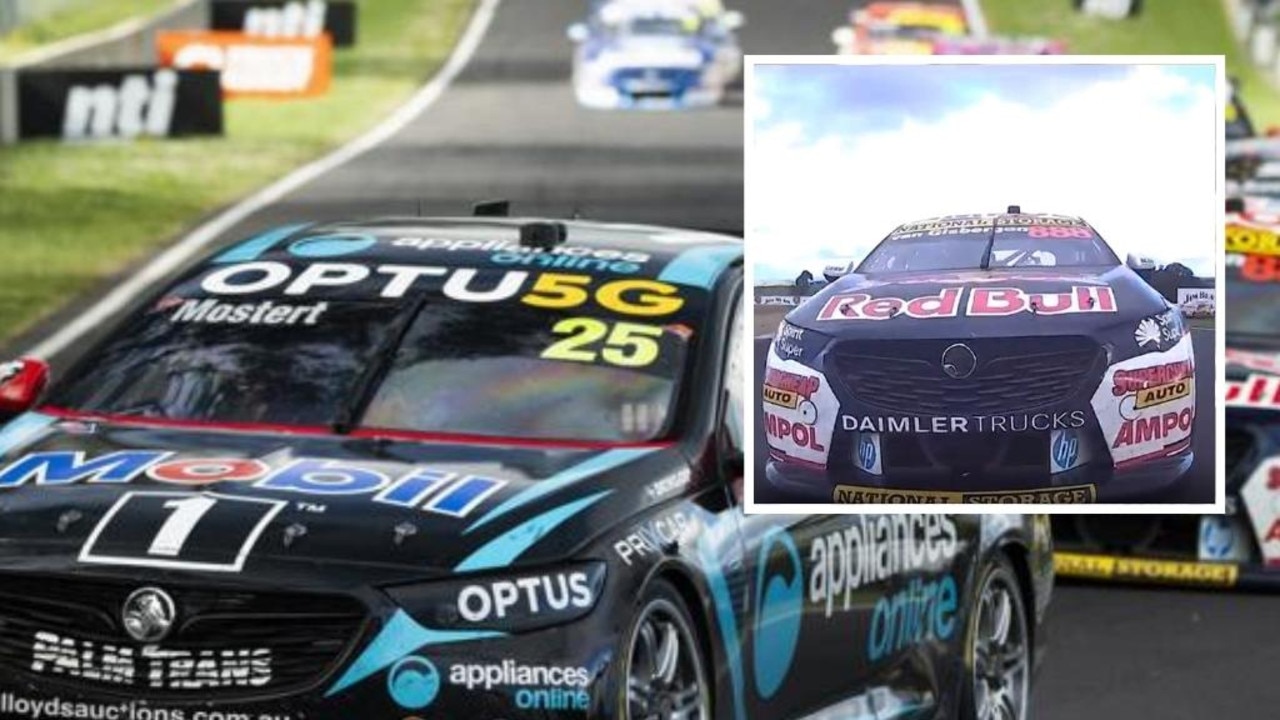 Shane van Gisbergen bumps into Chaz Mostert. Photo: Kayo.