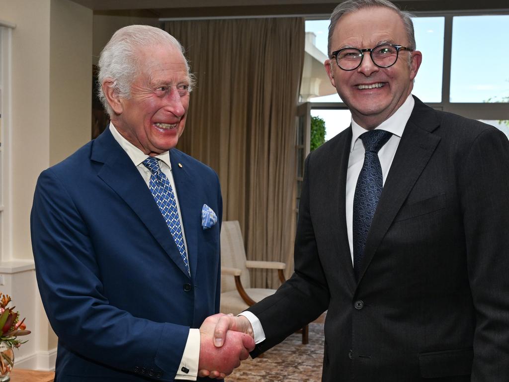 The King with Prime Minister Anthony Albanese. Picture: Saeed Khan-Pool/Getty Images